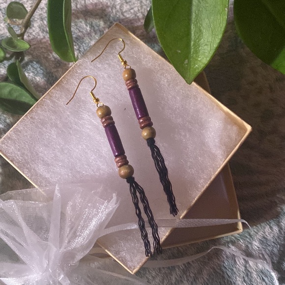 Purple theme Hand Crafted Macrame Tassel Fringe Earrings Wood Beaded Accents - Picture 5 of 11